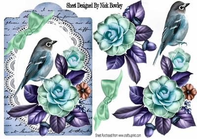 Pretty Wild Summer Roses on Lace with Blue Bird and Script