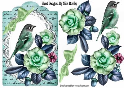 Pretty Wild Summer Roses on Lace with Turq Bird and Script