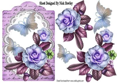 Pretty Wild Summer Purple Roses on Lace with Butterflies