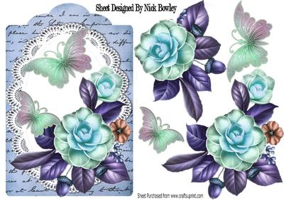 Pretty Wild Summer Blue Roses on Lace with Butterflies