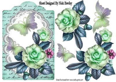 Pretty Wild Summer Turq Roses on Lace with Butterflies