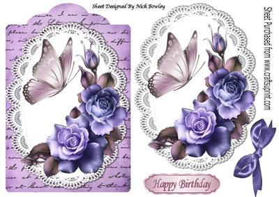 Summer Purple Roses on Lace with Script Bow & Butterfly