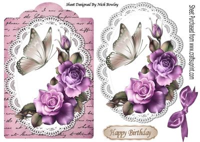 Summer Pink Roses on Lace with Script Bow & Butterfly