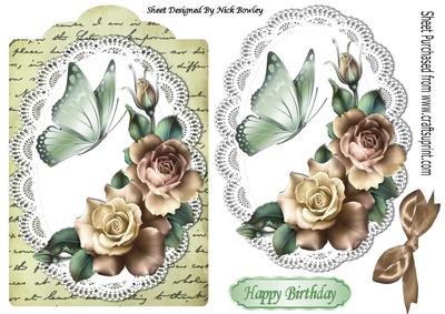 Summer Cream Roses on Lace with Script Bow & Butterfly