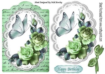 Summer Green Roses on Lace with Script Bow & Butterfly