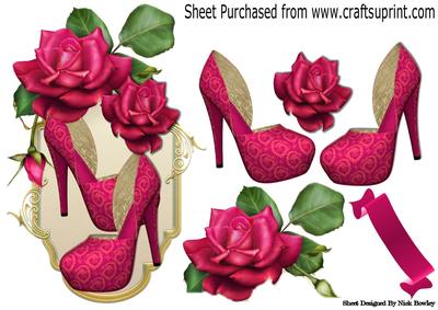 Pretty Cerise Shoes with Cerise Roses on a Plaque