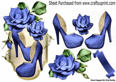 Pretty Blue Shoes with Blue Roses on a Plaque