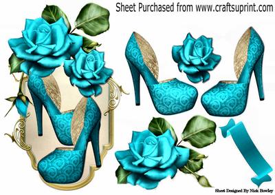 Pretty Turq Shoes with Turq Roses on a Plaque