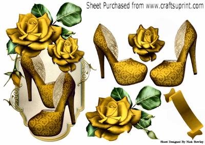 Pretty Gold Shoes with Gold Roses on a Plaque