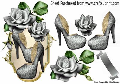 Pretty Silver Shoes with Silver Roses on a Plaque