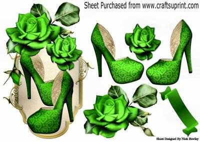 Pretty Green Shoes with Green Roses on a Plaque