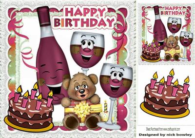 Choccy Cake with Pink Candle and Toony Pink Wine 8x8