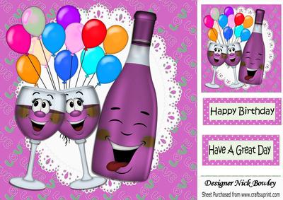 Double Trouble! Toony Bottle of Pink Wine with Balloons 8x8