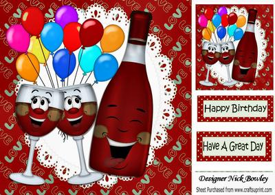 Double Trouble! Toony Bottle of Red Wine with Balloons 8x8
