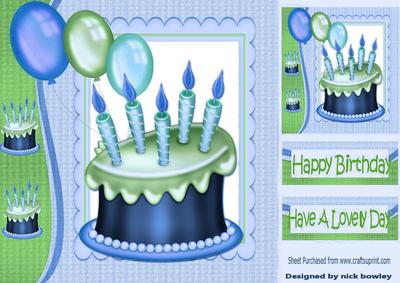 Birthday Cake with Icing, Blue Candles & Balloons 8x8