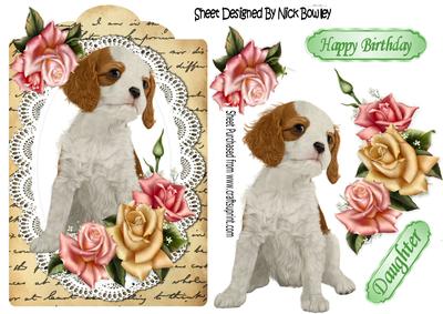 Cute Cavalier Puppy with Pink Roses , Lace & Script