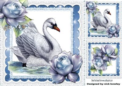 Pretty Vintage Swan with Blue Roses in Star Frame 8x8