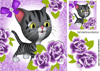Cute Toon Kitty with Purple Roses 8x8