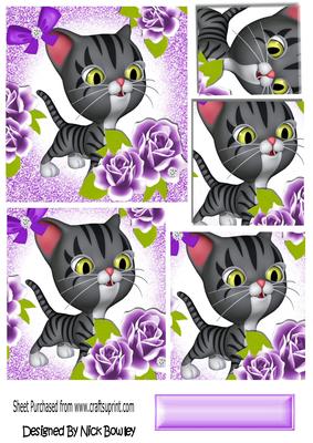 Cute Toon Kitty with Purple Roses Pyramids
