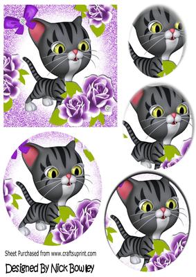 Cute Toon Kitty with Purple Roses Oval Pyramids
