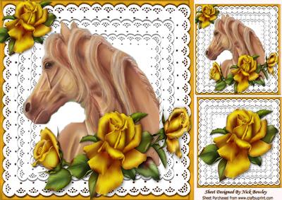 Pretty Painted Palomino Horse with Lace, & Gold Roses 8x8