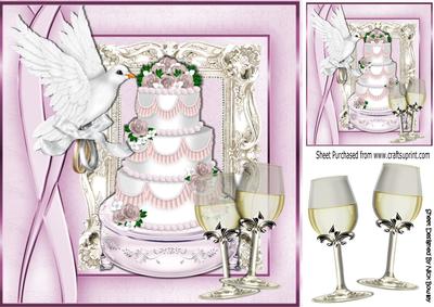 White Dove Carrying Rings with Wedding Cake & Champers 8x8