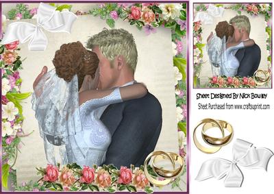 Wedding Kissing Couple in Frame of Roses & Bow 8x8