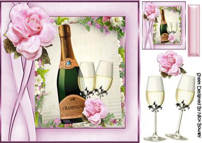 Pretty Pink Rose, with Champagne & Glasses 8x8