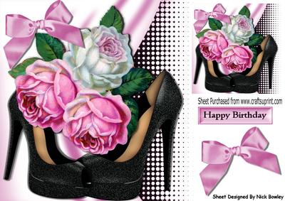 Black Glitter Shoes with Pink/white Roses & Bow 8x8