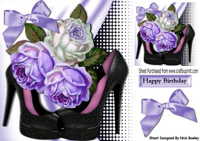Black Glitter Shoes with Lilac/white Roses & Bow 8x8