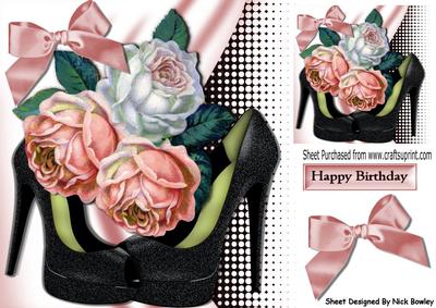 Black Glitter Shoes with Peach/white Roses & Bow 8x8