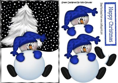 Mr Snowman in Blue, with Christmas Tree