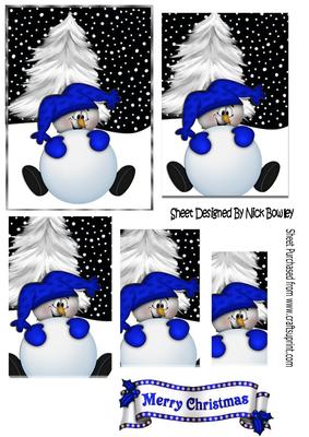 Mr Snowman in Blue, with Christmas Tree Pyramids
