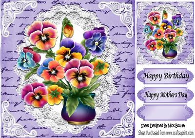 Pretty Coloured Pansies in a Vase on Lace & Script 8x8