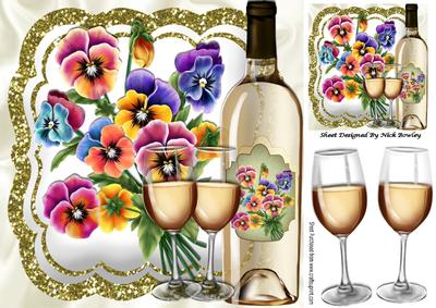Pretty Coloured Pansies with Wine & Glasses 8x8