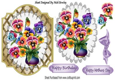Coloured Pansies in Vase on Lace and Lattice Frame