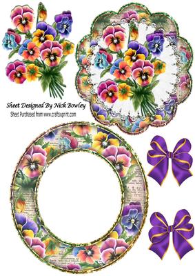 Pretty Coloured Pansies on Lace Rocker Card