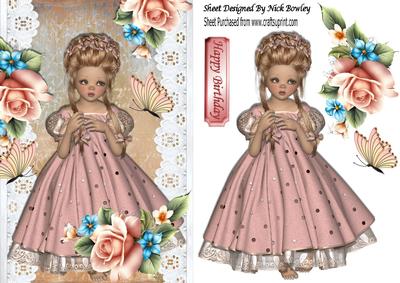 Sweet Girl with Butterflies and Roses on Lace