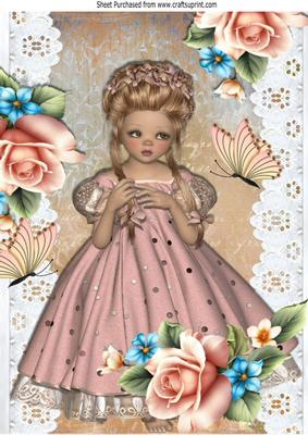 Sweet Girl with Butterflies and Roses on Lace A4