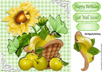 Lovely Basket of Fruit, with Yellow Sunflower 8x8 Card