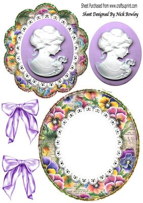 Pretty Lilac Lady Cameo on Lace with Pansy Frame Rocker Card