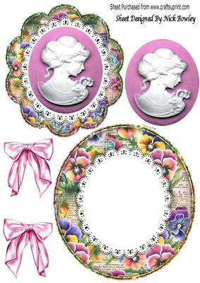 Pretty Pink Lady Cameo on Lace with Pansy Frame Rocker Card