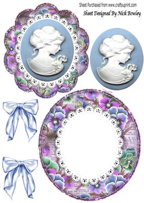 Pretty Blue Lady Cameo on Lace with Pansy Frame Rocker Card