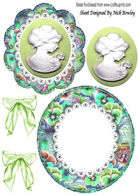 Pretty Green Lady Cameo on Lace with Pansy Frame Rocker Card