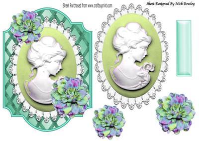 Turq Lattice Frame with Green Cameo Lady Lace/flowers