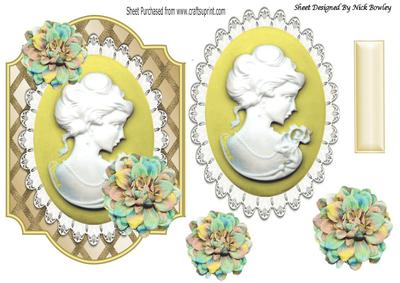 Gold Lattice Frame with Cameo on Lace with Flowers