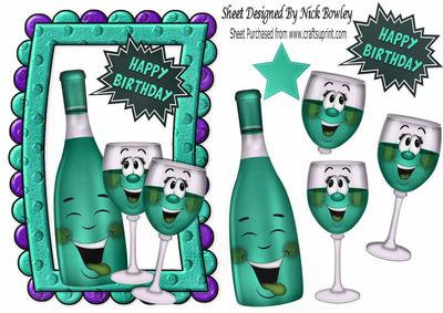 Turq Toony Wine & Glasses in Funky Foam Frame