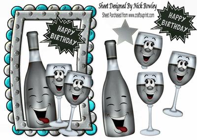 Silver Toony Wine & Glasses in Funky Foam Frame