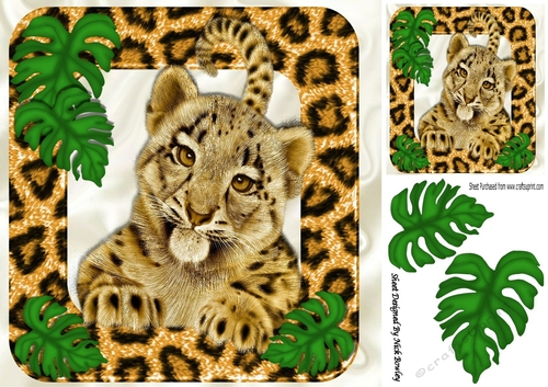 Cute Tiger Cub, in animal frame with leaves 8x8