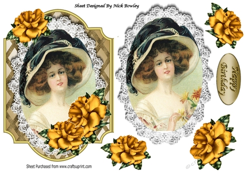 Pretty vintage lady with gold roses  and lace with topper